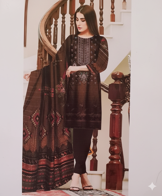 3 Piece Digital Dhanak Banadora EMB Shirt Dhanak Same Dupata & Dyed Trouser