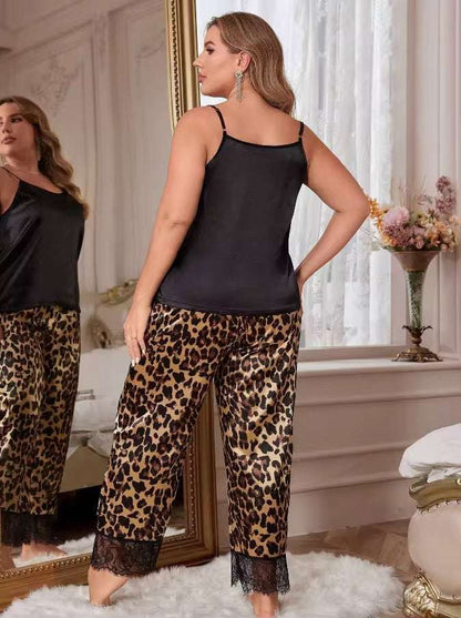 Luxury Intimate Silk Camisole with Leopard Print Pajama Set – Women’s Satin Sleepwear Loungewear Nightwear