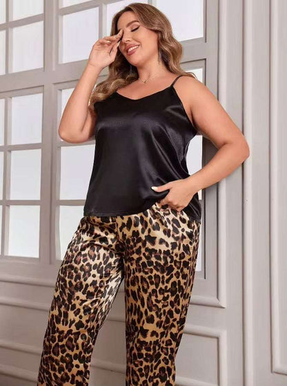 Luxury Intimate Silk Camisole with Leopard Print Pajama Set – Women’s Satin Sleepwear Loungewear Nightwear