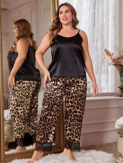 Luxury Intimate Silk Camisole with Leopard Print Pajama Set – Women’s Satin Sleepwear Loungewear Nightwear
