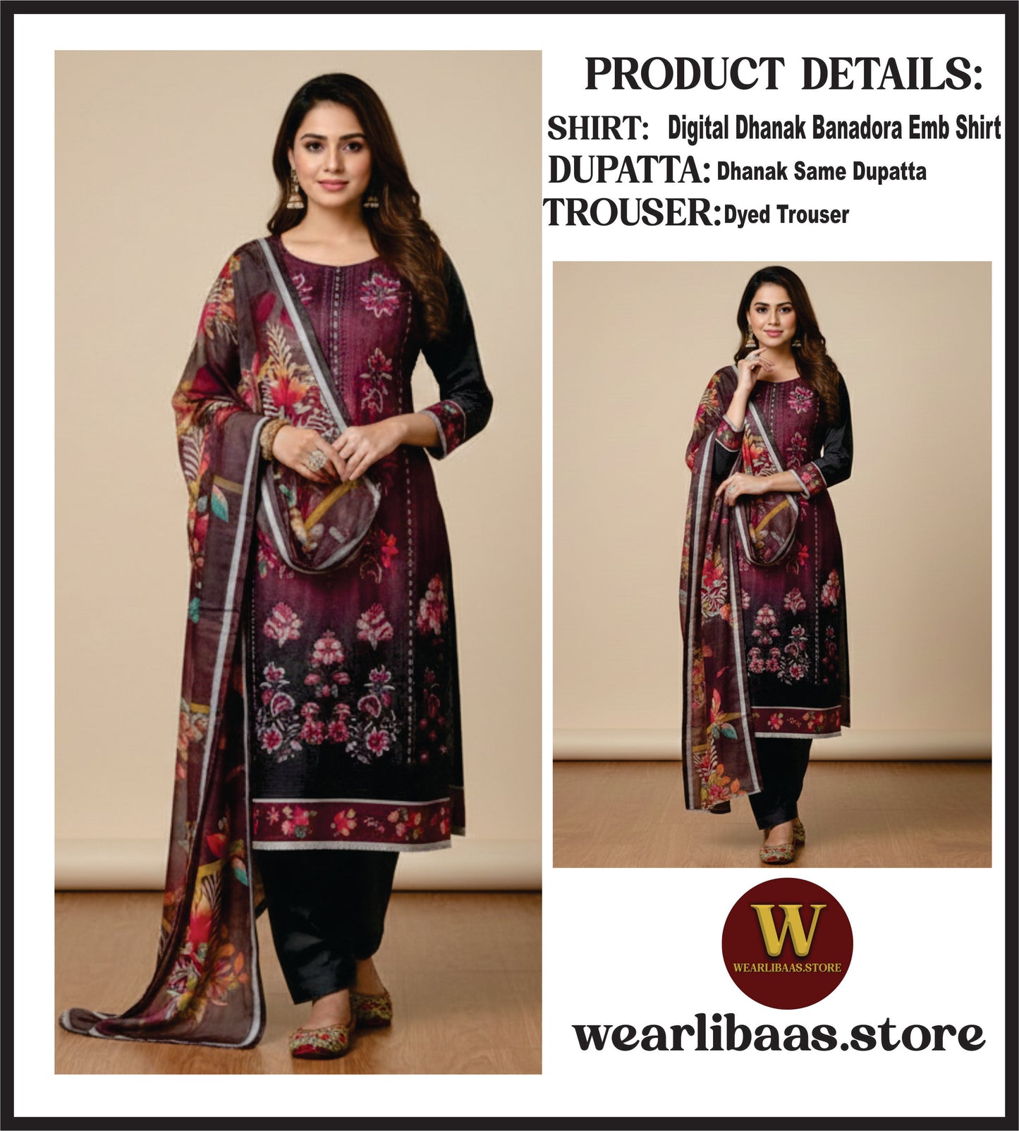 3 Piece Digital Dhanak Banadora Emb Shirt