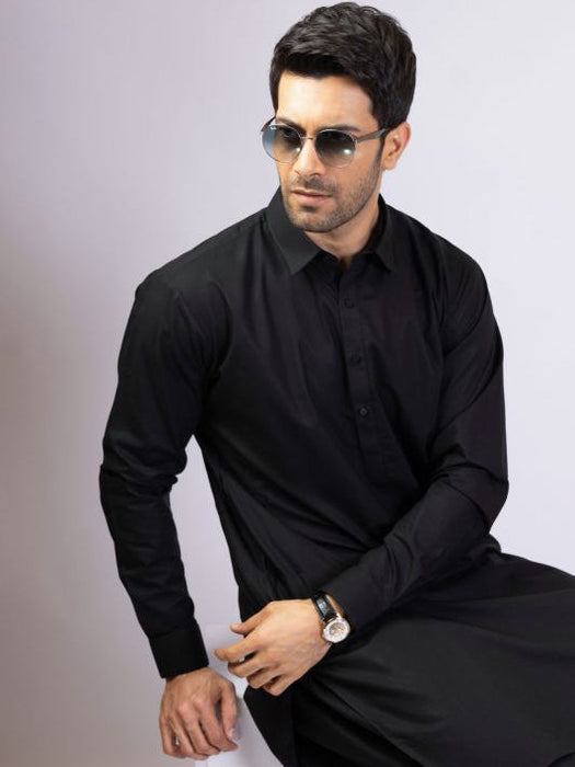 Unstitched Cotton Suit For Men-Black-AN4003
